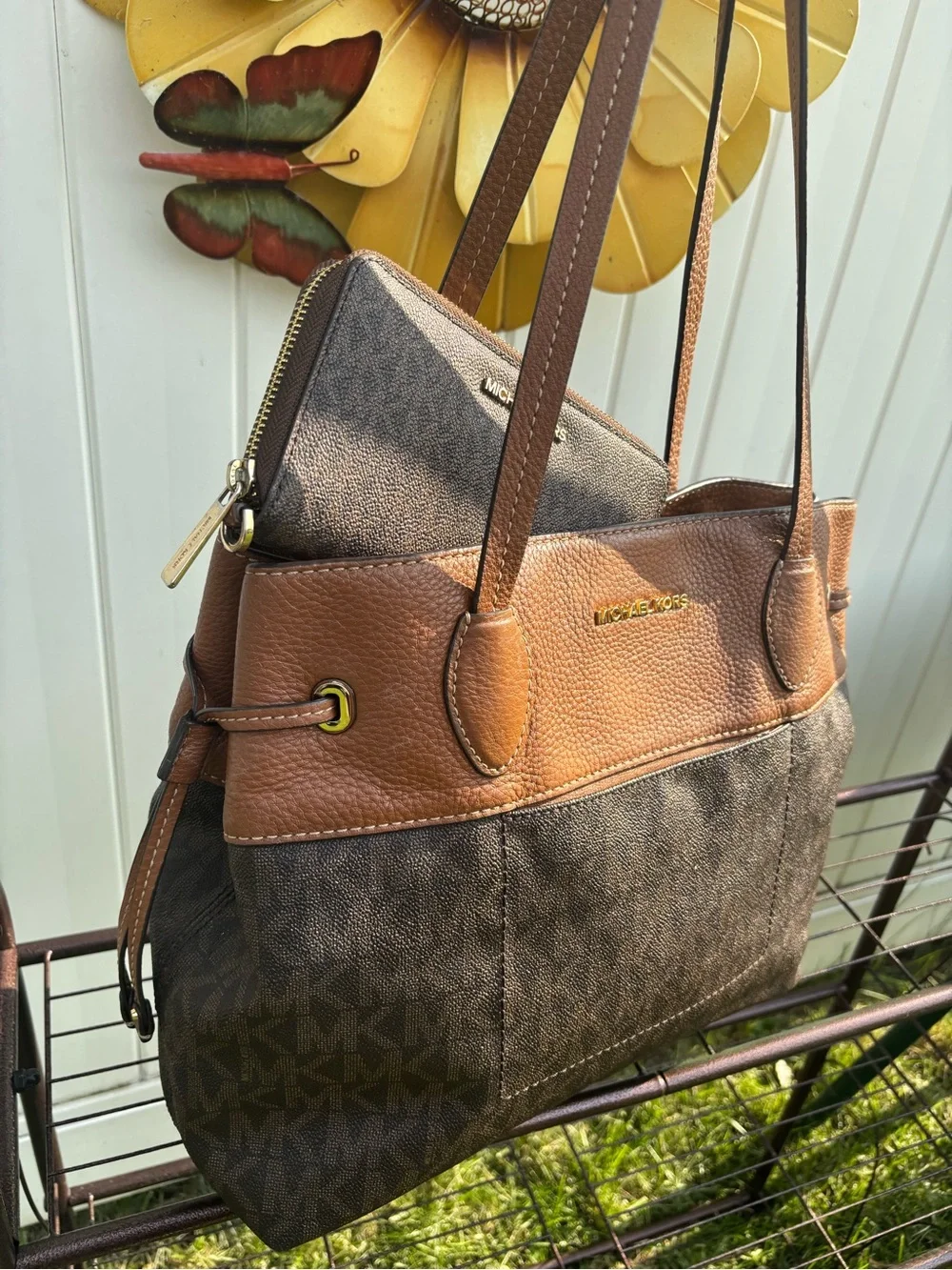 Michael Kors Brown Two-Tone Logo Tote with Zip Pouch set - Picture 2 of 14